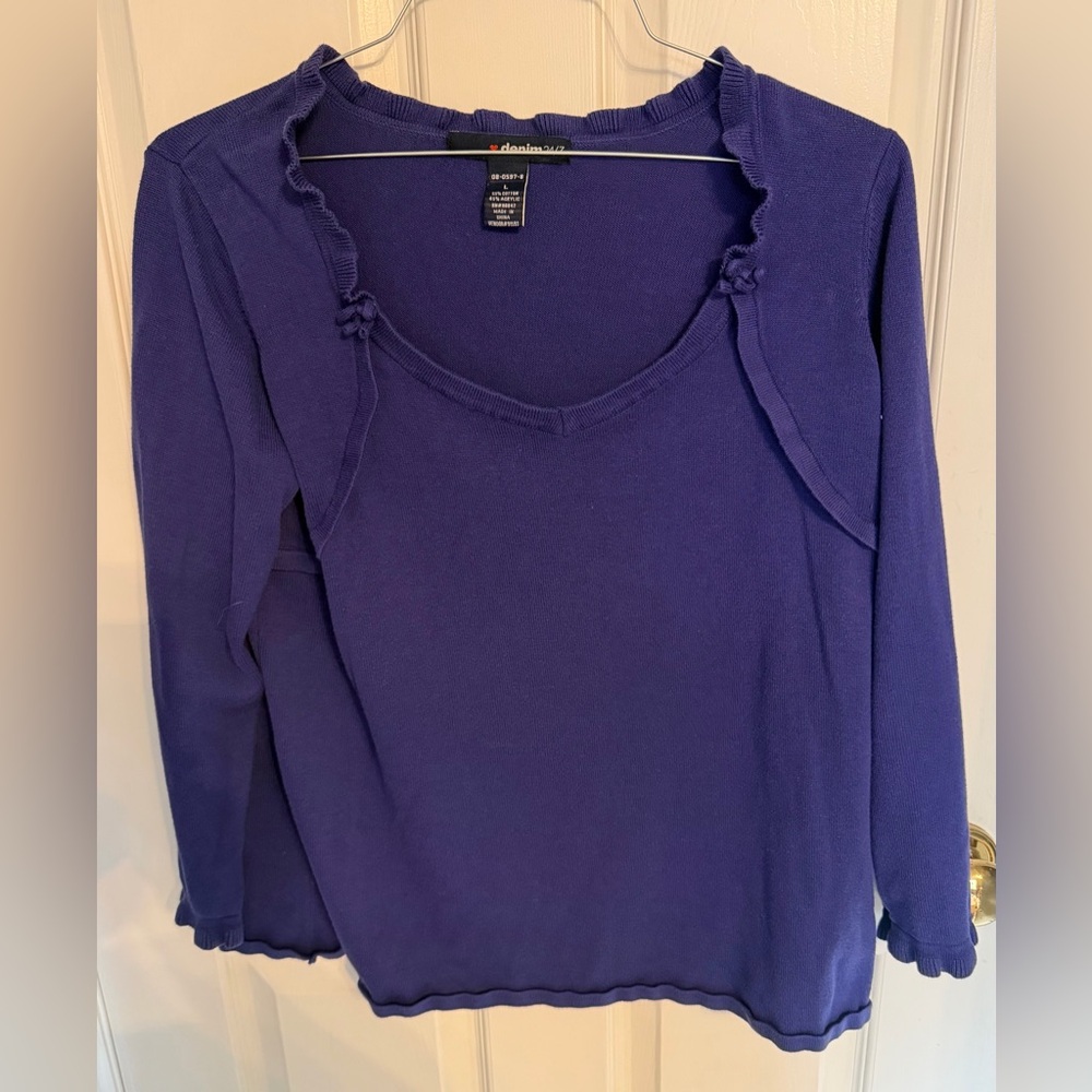 Denim 24/7, Purple 3/4 Sleeve V-Neck Knit Top with scallop and bow details, L.